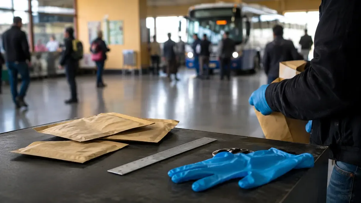 Guantes, regla sin números y sobres de evidencia lisos en una terminal de transporte regional, vista en tres cuartos, profundidad de campo suave