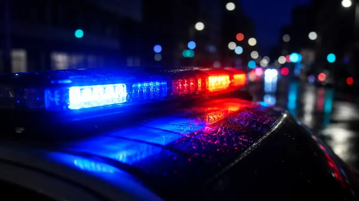Balizas encendidas de un móvil policial con destello sobre la calle mojada