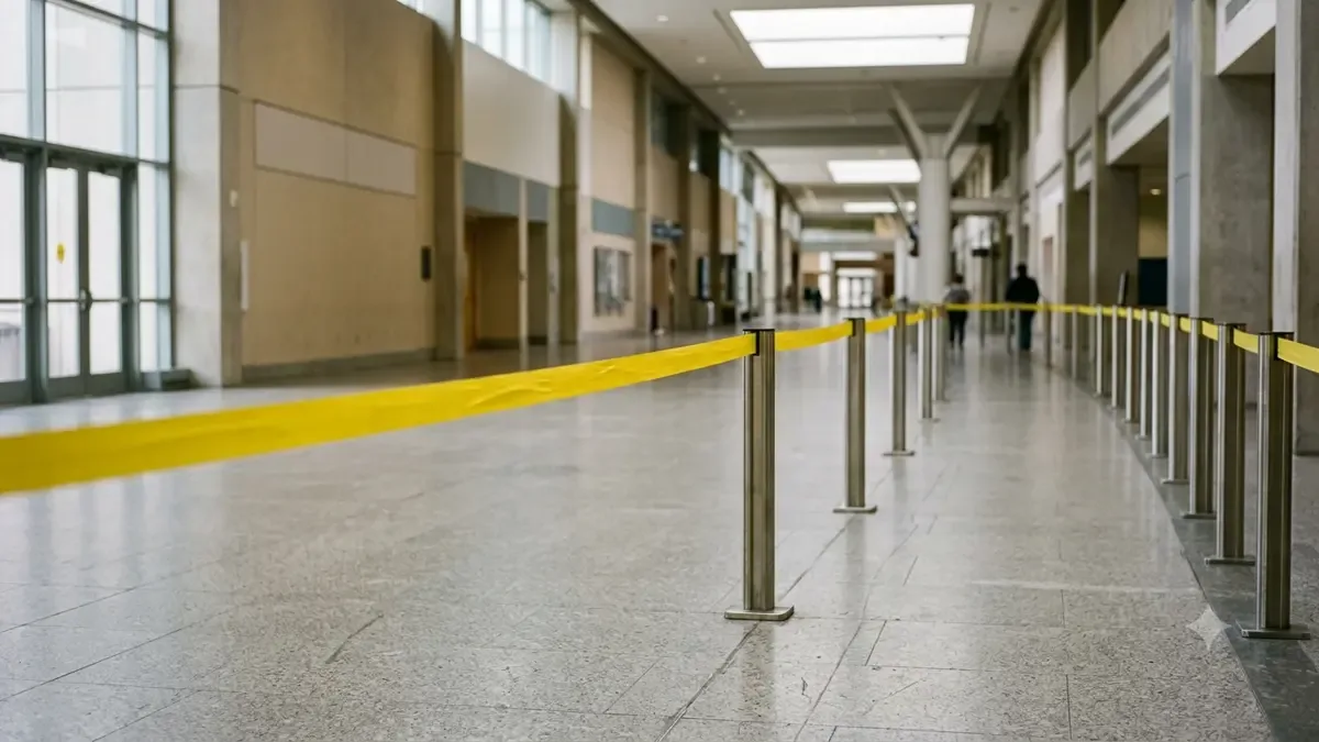 Cinta de seguridad lisa delimitando una vereda vacía en un hall institucional de arquitectura genérica, vista en tres cuartos, profundidad de campo suave