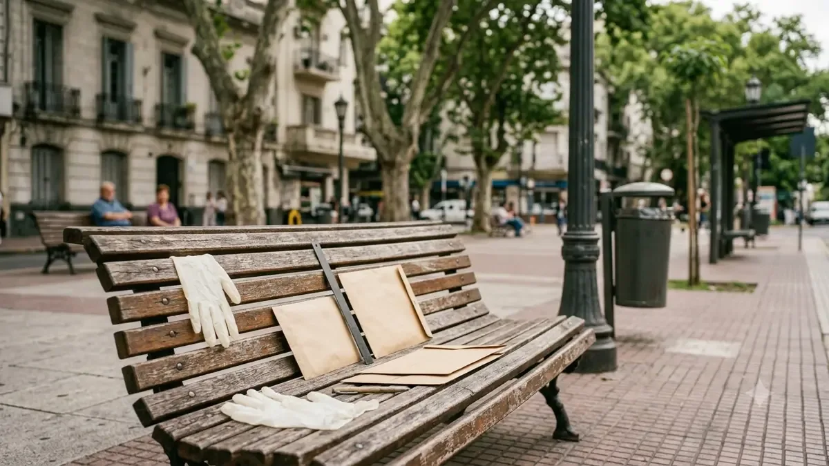 Guantes, regla sin números y sobres de evidencia lisos en una plaza de barrio con mobiliario urbano, vista en tres cuartos, profundidad de campo suave