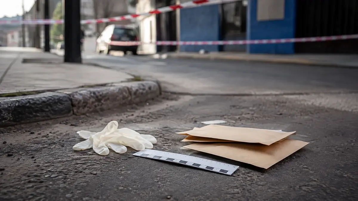 Guantes, regla sin números y sobres de evidencia lisos en una calle urbana argentina, plano medio documental, perspectiva natural