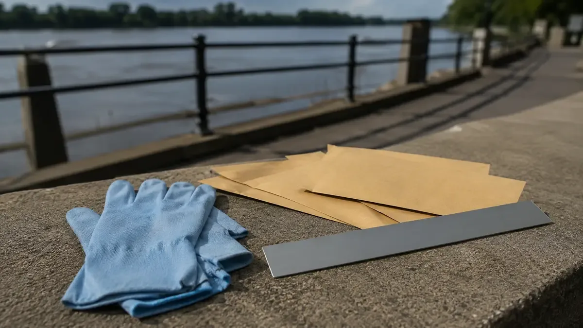 Guantes, regla sin números y sobres de evidencia lisos en un paseo costero junto al río, vista en tres cuartos, profundidad de campo suave