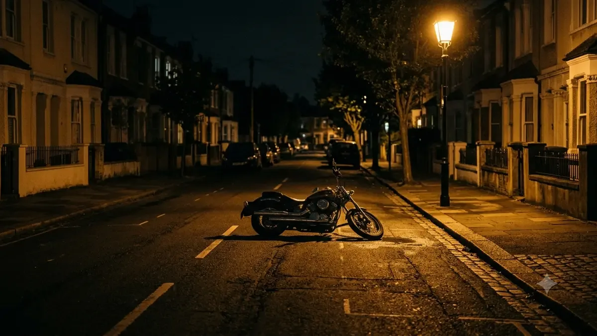 Moto tumbada sobre el asfalto de una calle iluminada por un farol