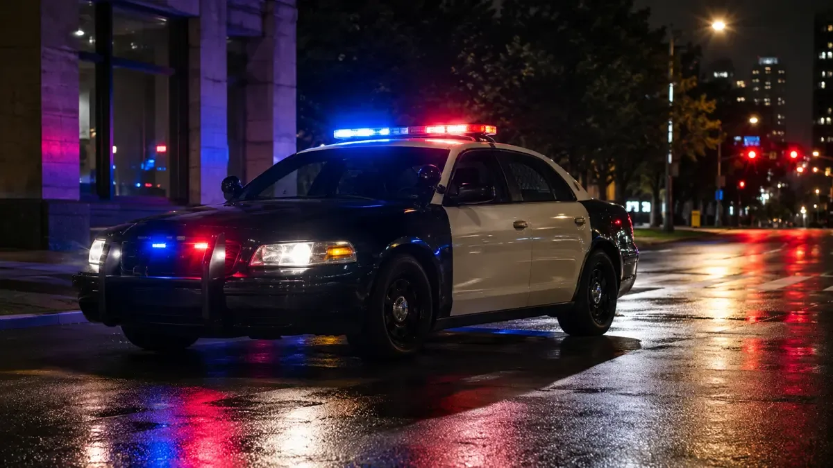 Patrullero policial genérico estacionado en una calle de noche con luces encendidas