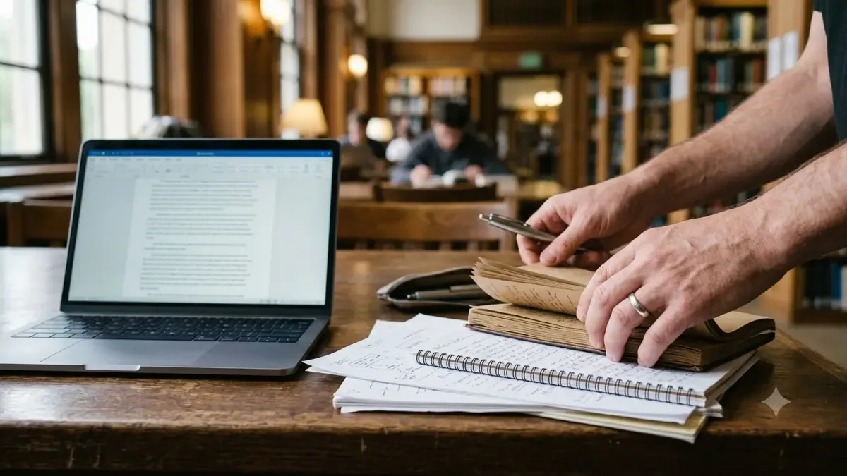 Manos adultas organizando apuntes y una notebook en una mesa de biblioteca, vista en tres cuartos, profundidad de campo suave