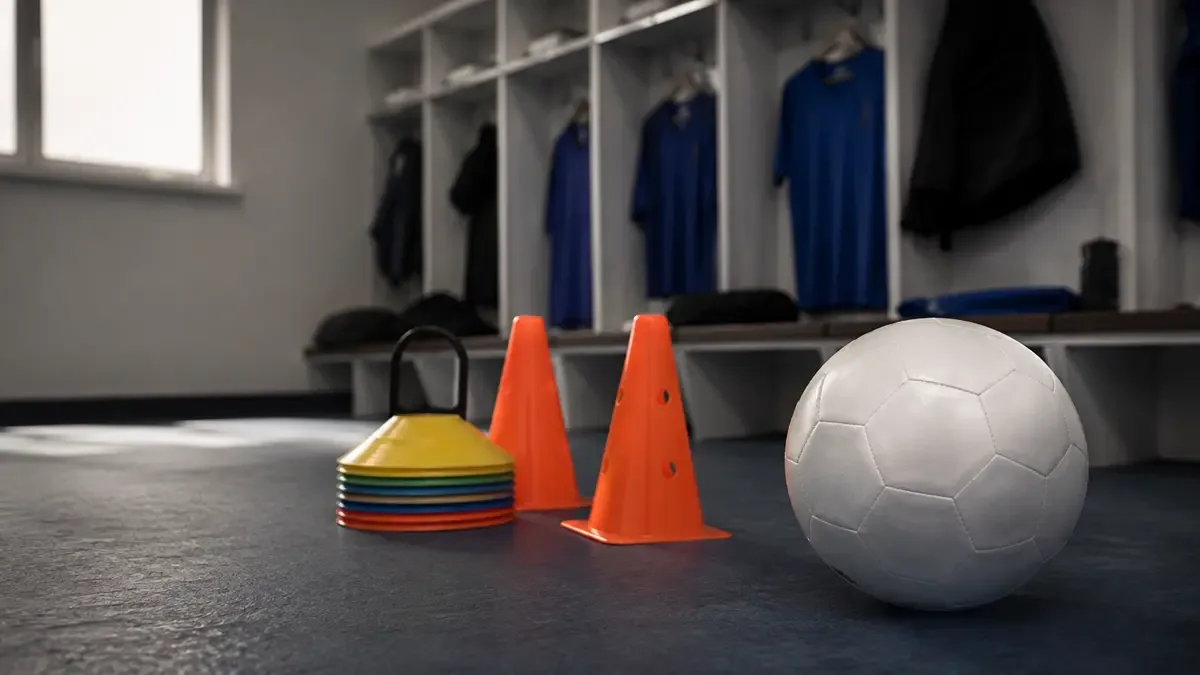 Una pelota lisa junto a conos de entrenamiento en un vestuario deportivo sin escudos, plano medio documental, perspectiva natural