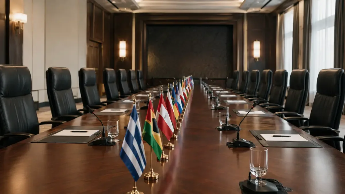 Mesa larga de conferencia con banderines de países y sillas vacías