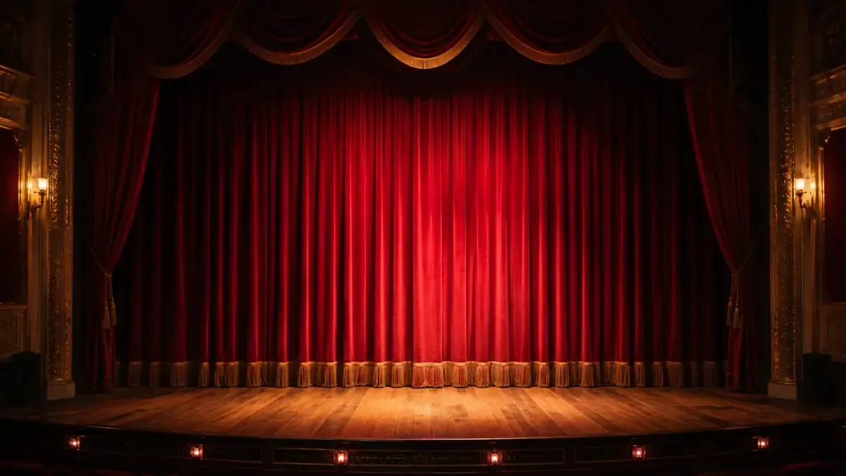 Escenario de teatro vacío con cortina roja de terciopelo