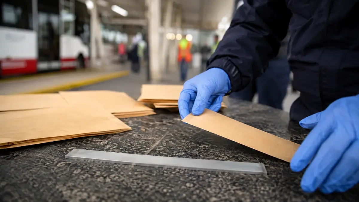 Guantes, regla sin números y sobres de evidencia lisos en una terminal de transporte regional, plano medio documental, perspectiva natural