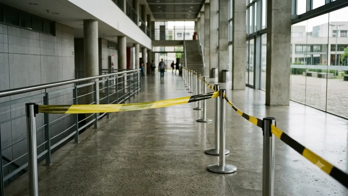 Cinta de seguridad lisa delimitando una vereda vacía en un hall institucional de arquitectura genérica, plano medio documental, perspectiva natural