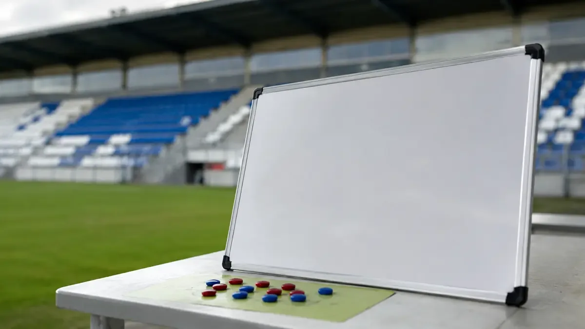 Una pizarra de cancha sin letras junto a fichas magnéticas en un estadio local vacío, plano medio documental, perspectiva natural