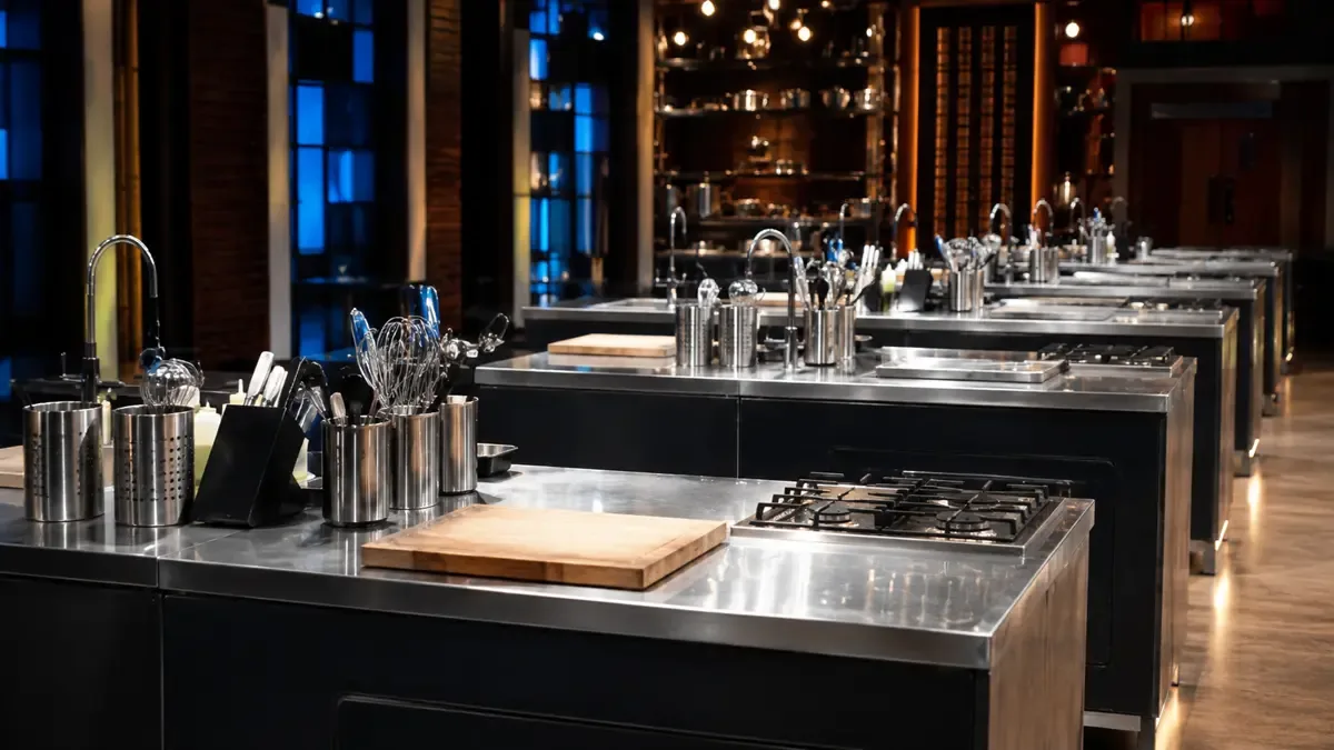 Estaciones de cocina identicas con mesadas de acero vacias y utensilios ordenados