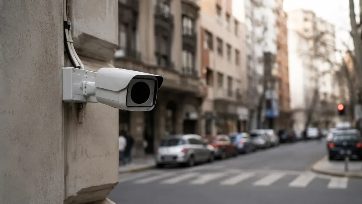 Una cámara de vigilancia genérica en una esquina en una calle urbana argentina, vista en tres cuartos, profundidad de campo suave