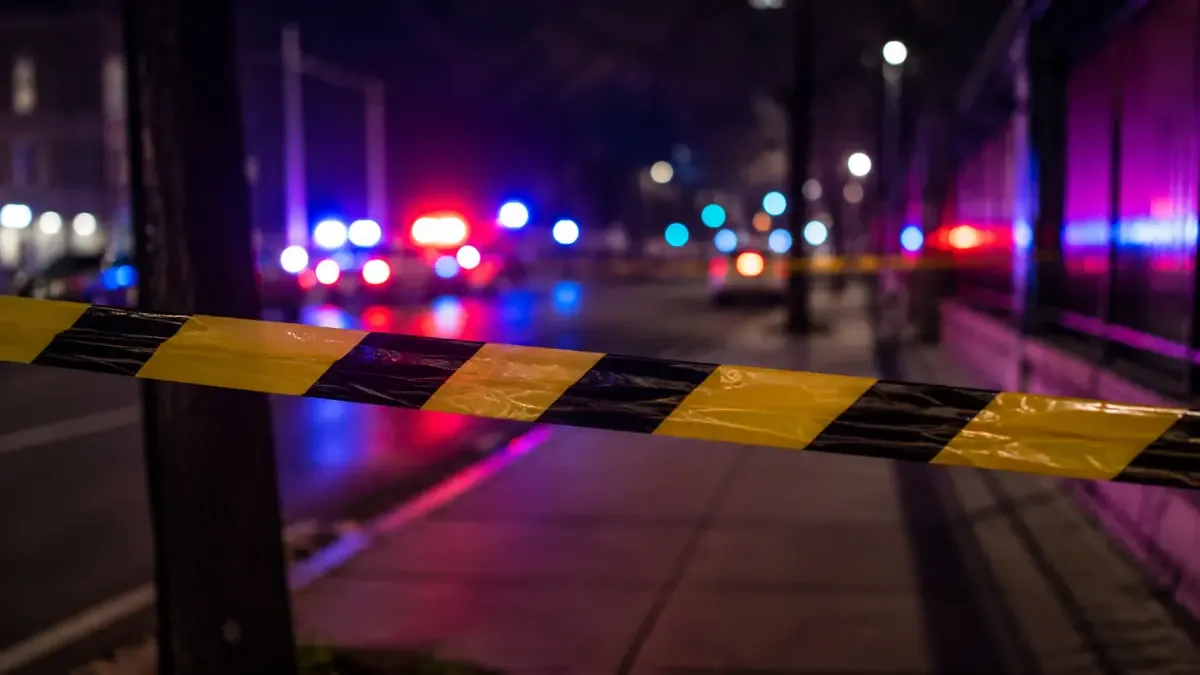 Cinta policial amarilla acordonando una vereda de noche