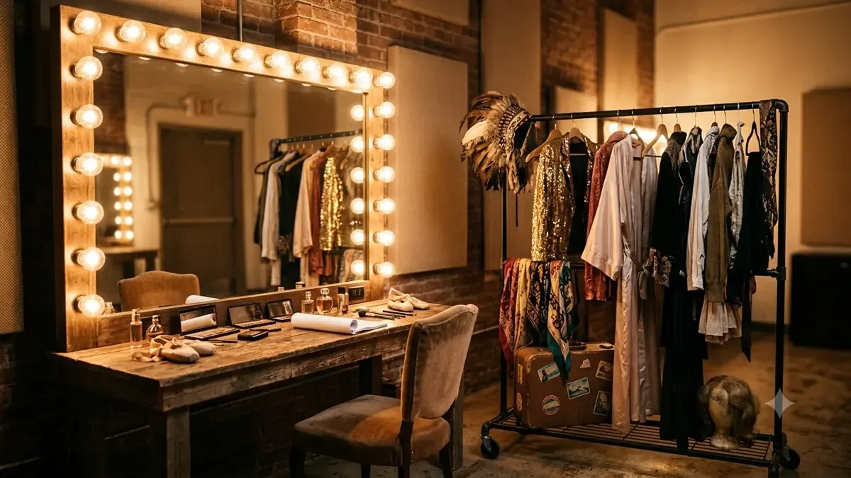 Camerino con espejo de luces y un perchero con ropa de escenario