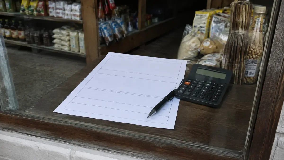 Un formulario fiscal en blanco con calculadora y lapicera en una vidriera barrial sin carteles legibles, plano medio documental, perspectiva natural