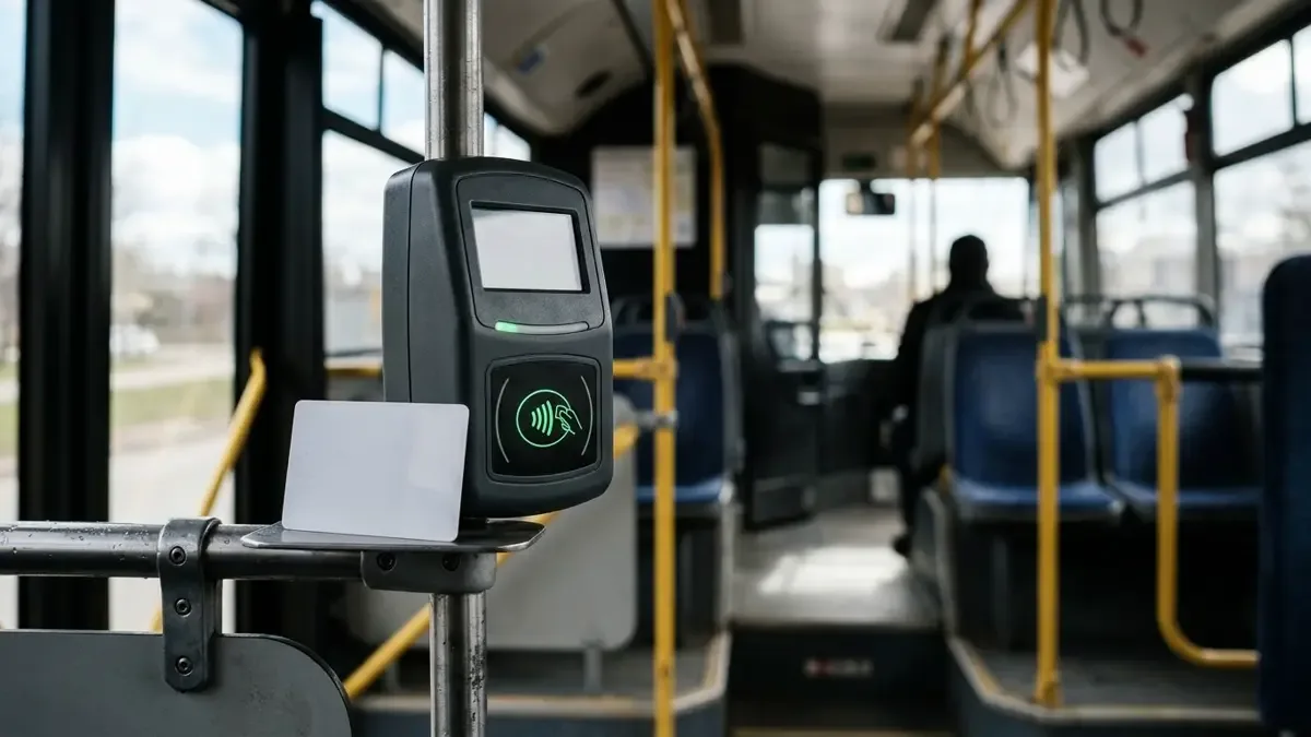 Tarjeta de transporte apoyada junto a un lector de validación en la puerta de un colectivo