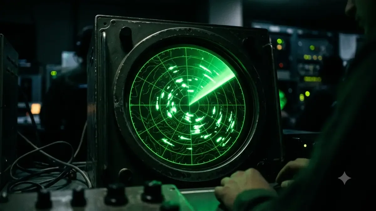 Pantalla circular de radar con barrido verde y puntos luminosos