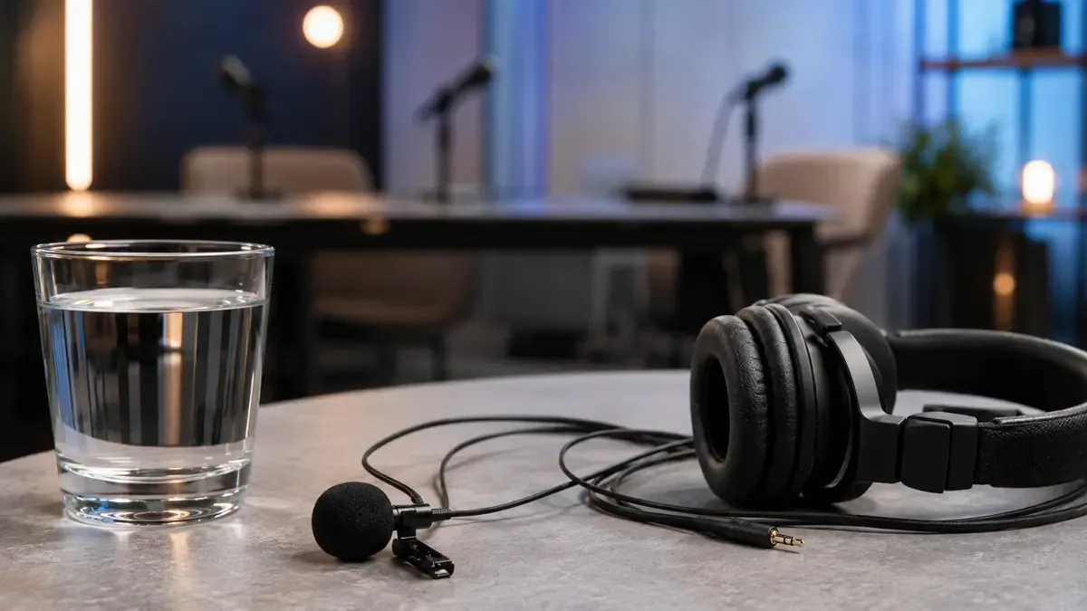 Microfono corbatero y auriculares sobre una mesa de set junto a un vaso de agua