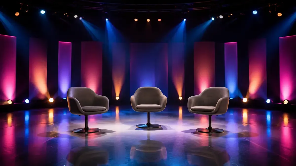 Tres sillones giratorios vacíos en semicírculo en un estudio de TV