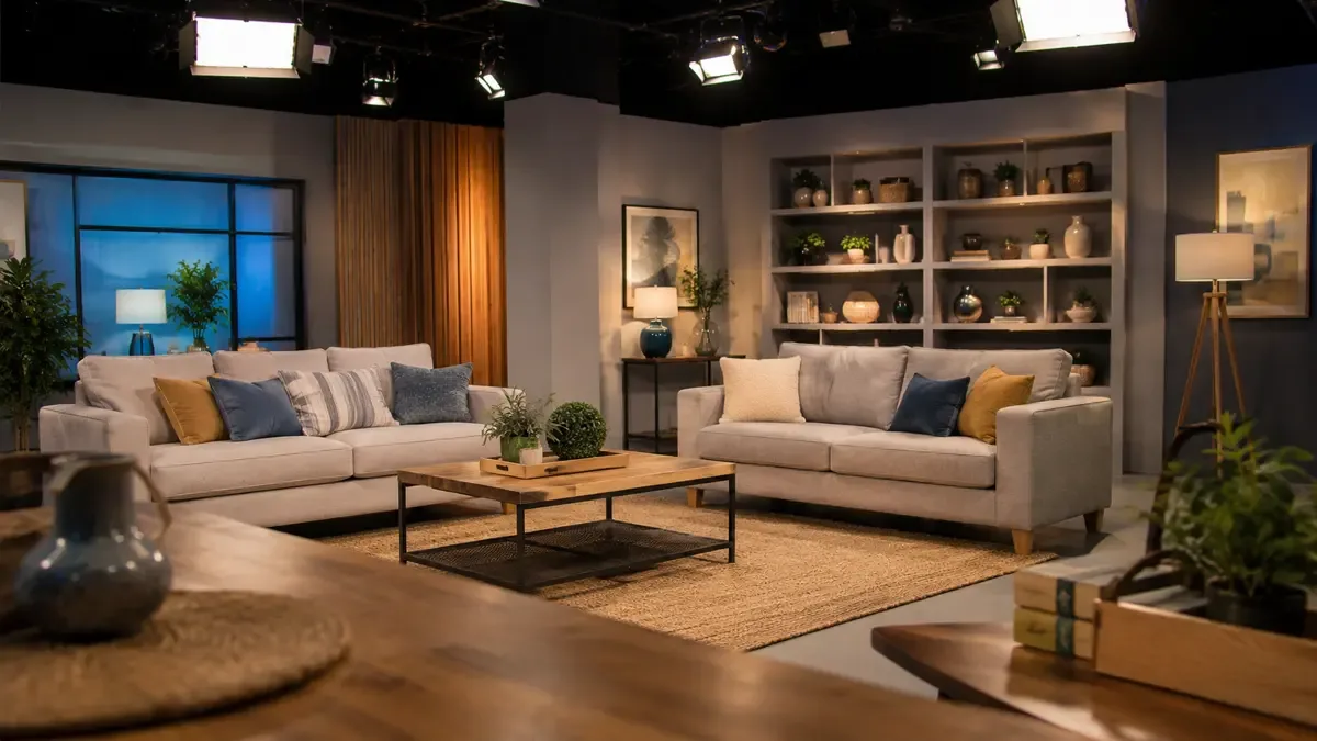 Decorado de living con sillones, mesa ratona y biblioteca de utileria iluminado para grabar