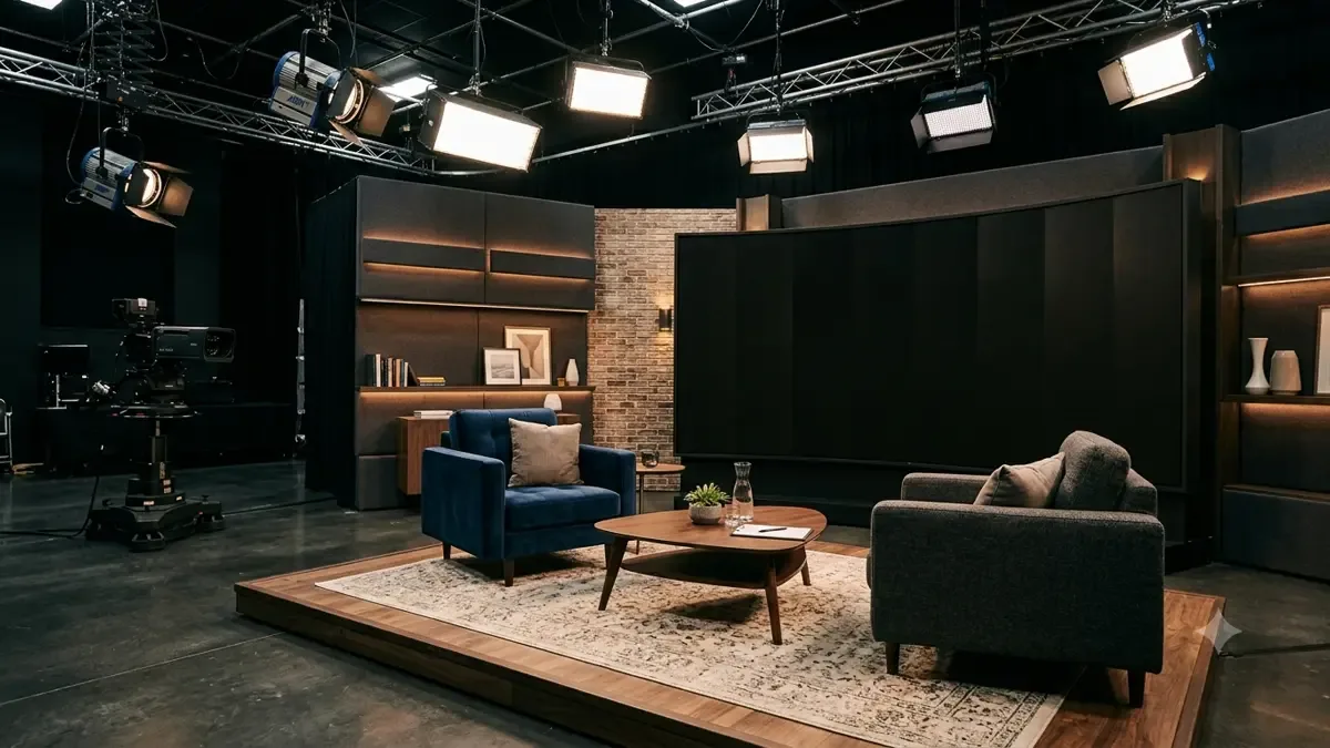 Set de televisión con sillones de living y pantalla de fondo apagada