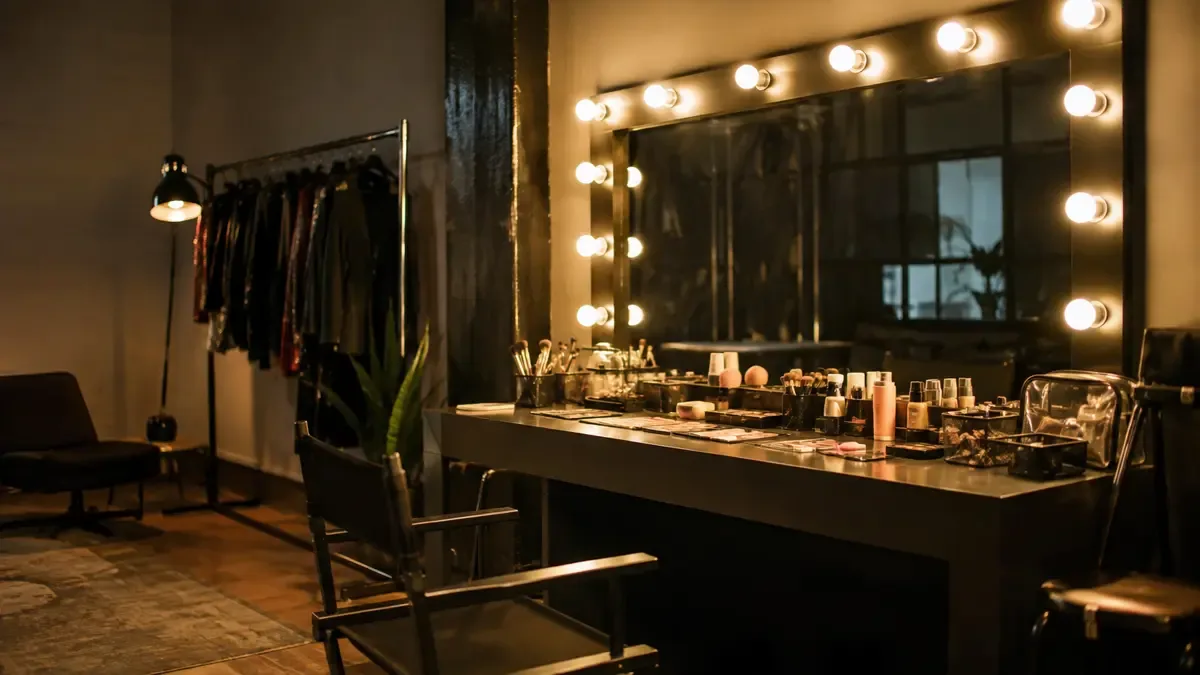Camarin vacio con espejo rodeado de lamparas, silla y articulos de maquillaje