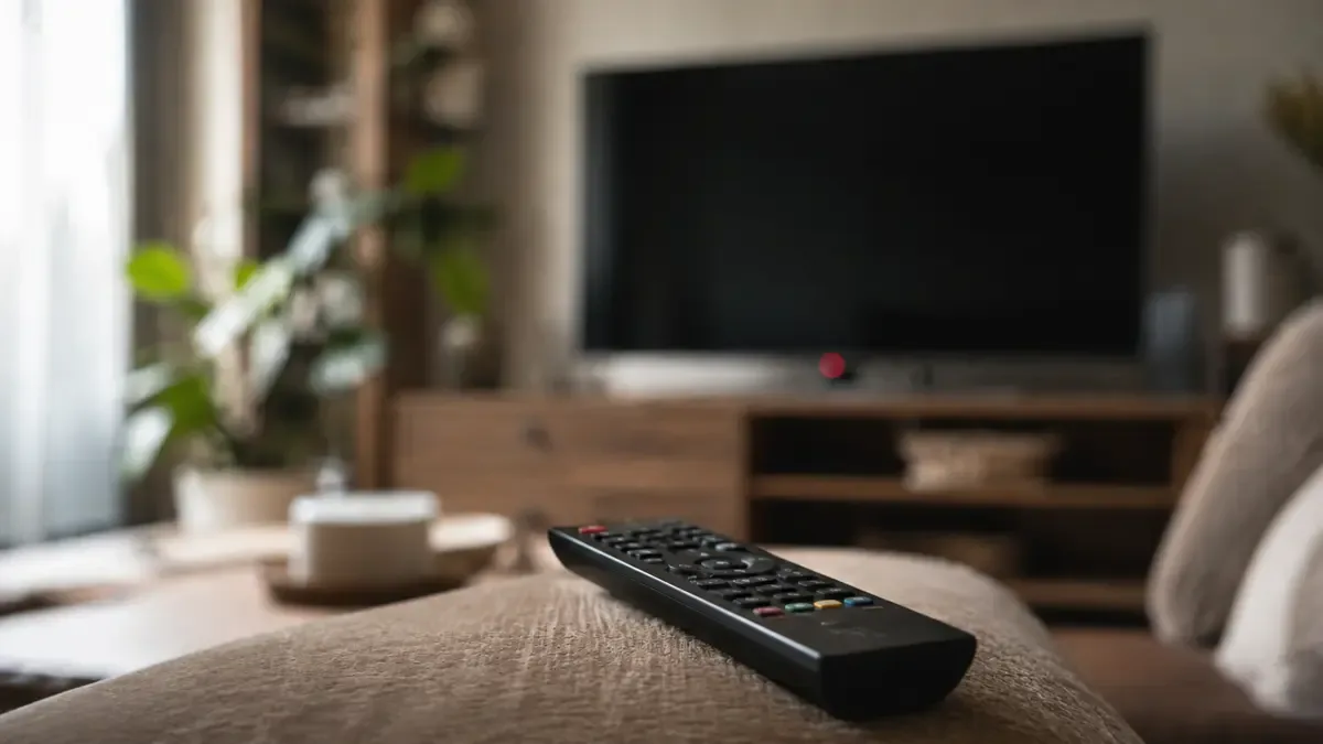 Control remoto sobre el apoyabrazos de un sillon con el televisor apagado al fondo