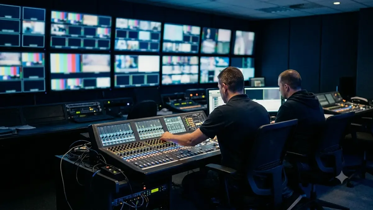 Cabina de control con una pared de monitores y una consola de perillas