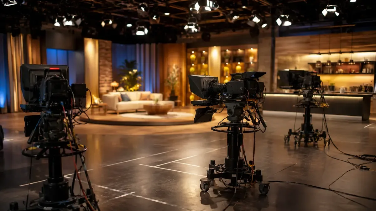 Piso de estudio de TV con cámaras sobre pedestales y marcas en el suelo