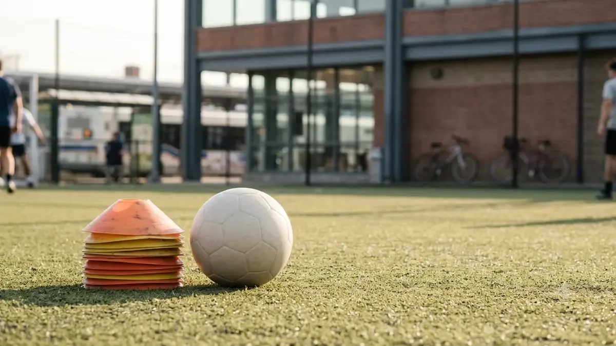 Una pelota lisa junto a conos de entrenamiento en un club de barrio, vista en tres cuartos, profundidad de campo suave