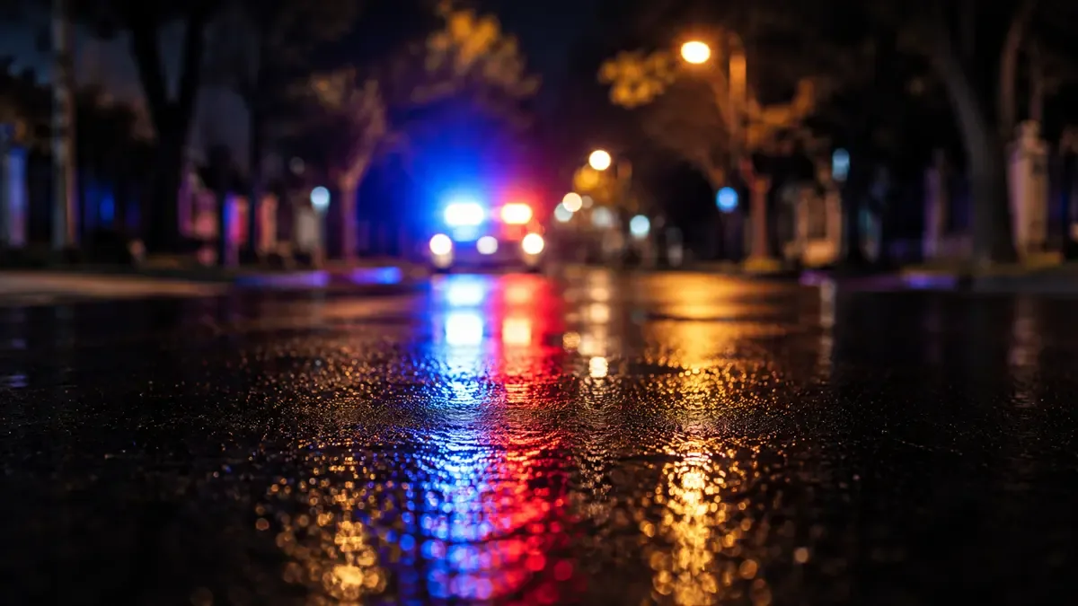 Luces azules y rojas de una baliza policial reflejadas en el asfalto mojado de una calle de barrio