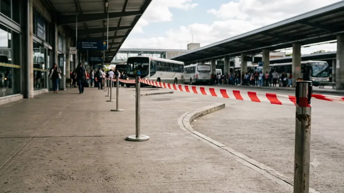 Cinta de seguridad lisa delimitando una vereda vacía en una terminal de transporte regional, plano medio documental, perspectiva natural