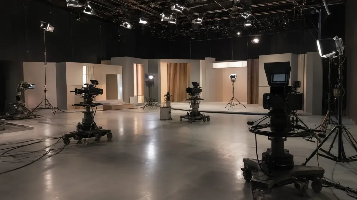 Estudio de television vacio con camaras sobre pedestal y luces de piso