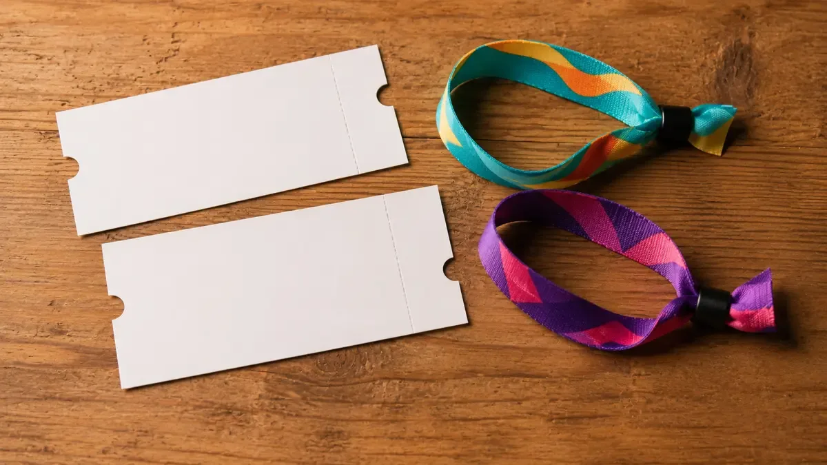 Dos entradas en blanco y dos pulseras de tela sobre una mesa de madera